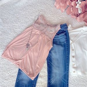 American Eagle dusty rose tank top with sheer & lace detailing